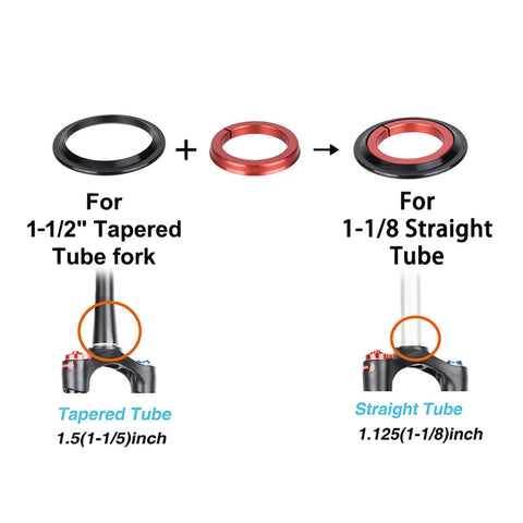 Premium Anodized Aluminum Alloy Bicycle Headset compatibility with 1-1/2 inch tapered and 1-1/8 inch straight tube forks.