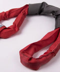 Red Polyester Round Sling Three And A Half Inch Body Eye To Eye Five Foot Length Ee150X5 13200 Lbs Vertical Capacity 10600 Lbs Choker Capacity 26400 Lbs Basket Capacity Beefy Double Polyester Wall Jacket 5 To 1 Strength Ratio Made In USA on white background