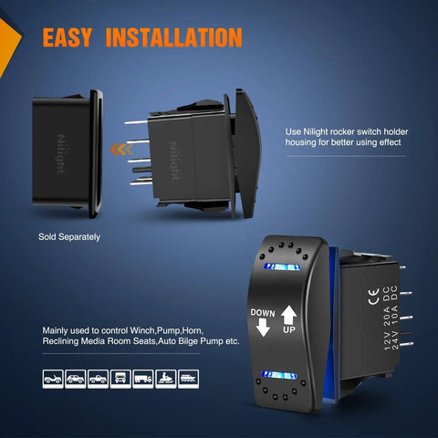 No Nonsense Reverse Polarity Switch 20A 12V 7 Pin Momentary On Off On Rocker Toggle Controller for installation on various vehicles.