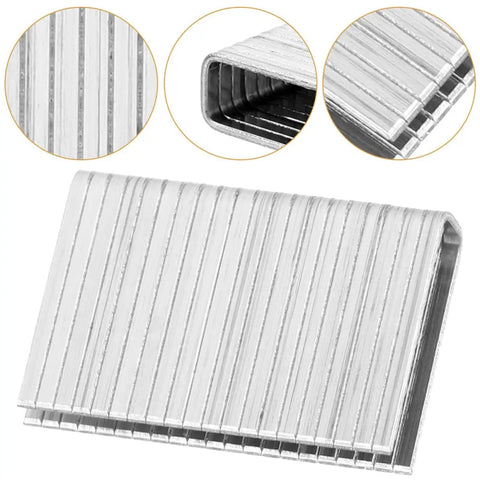 Close-up of a silver metal 60 Piece Top Shelf Shutter Tilt Rod Repair staple showing its ridged design and universal fit.