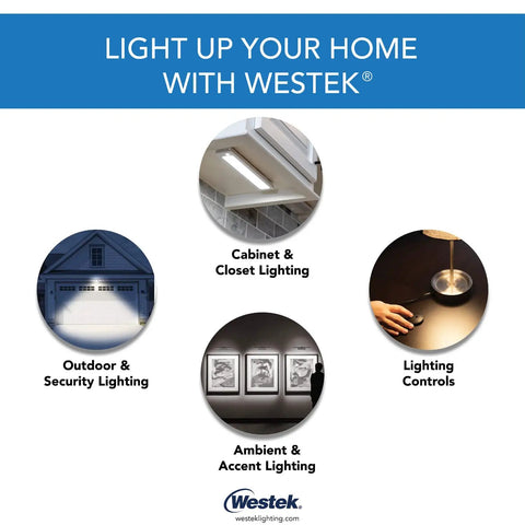 Four types of lighting: cabinet & closet, outdoor & security, ambient & accent, lighting controls by Westek; text 'Light Up Your Home with Westek'.
