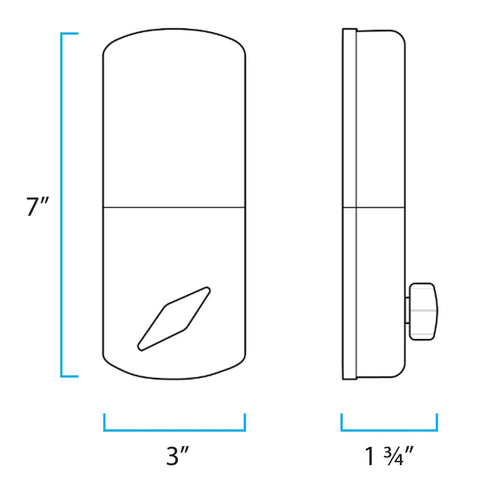 Dimensions diagram for Electronic Touchpad Keyless Deadbolt and Passage Knob Combo In Oil Rubbed Bronze Finish, 7x3x1 3/4 inches.