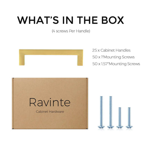 What's in the box view of 25 Pack 5 Inch Square Cabinet Handles In Brushed Brass Finish Stainless Steel Kitchen Hardware Pulls