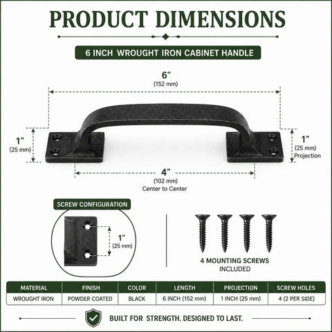 Dang Sturdy Six Inch Black Wrought Iron Cup Bin Pull Cabinet Handles With Rust Proof Powder Coat Finish dimensions and screw configuration details.