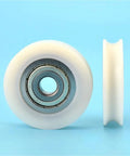 10 Pack U Groove Nylon Pulley Wheels Featuring Self Lubricating Plastic Coated Bearings That Resist Rust And Reduce Friction For Hassle Free Heavy Duty Tracking Projects, featuring a close-up view of one wheel.