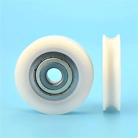 10 Pack U Groove Nylon Pulley Wheels Featuring Self Lubricating Plastic Coated Bearings That Resist Rust And Reduce Friction For Hassle Free Heavy Duty Tracking Projects, featuring a close-up view of one wheel.