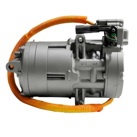 Precision Engineered Heavy Duty Auto AC Compressor Compatible With Tesla Model X 2016 Through 2020 R1234Yf Refrigerant side view with wiring.