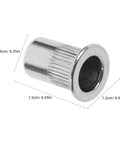Flat Head Knurled Rivet Nuts Kit Stainless Steel 120 Piece Set Threaded Rivets close-up with measurements in centimeters and inches