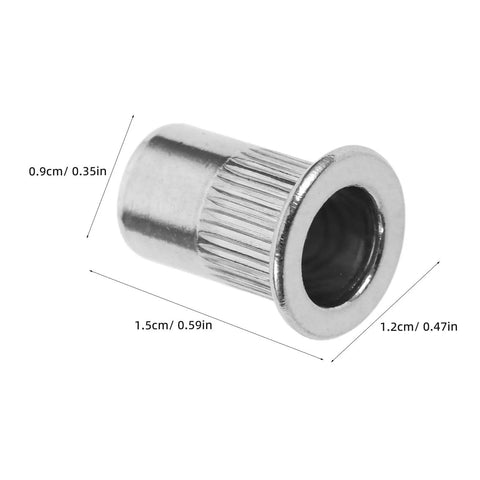 Stainless Steel Flat Head Knurled Rivet Nuts Kit 1/4-20 Thread Rivet Nut Inserts, 120 Pcs, shown with dimensions