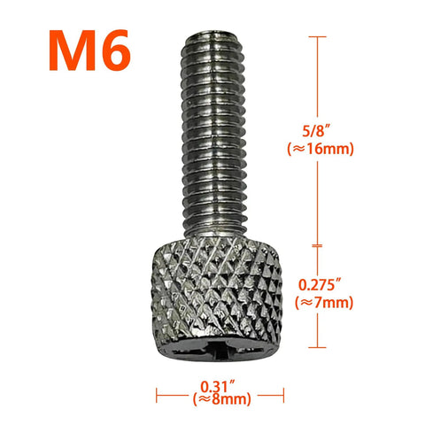Heavy Duty Carbon Steel Knurled Thumb Screws For Rack Mount Hardware Quick Twist Installation No Sweat Setup Fits Tight Spaces M6X16 Chrome Plated 20 Pack Solid Gear, close-up view of M6 thumb screw specifications.