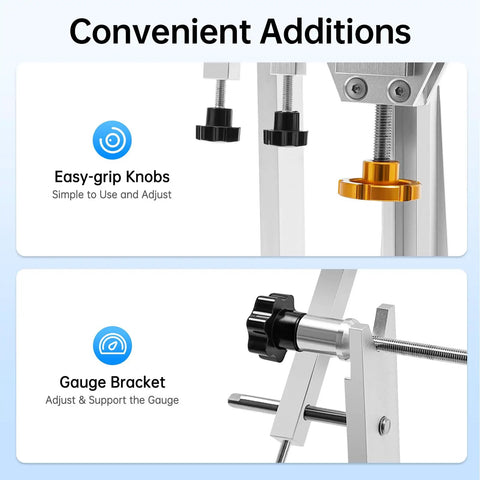 Pro Grade Bicycle Wheel Stand For Repair And Truing with easy-grip knobs and gauge bracket details