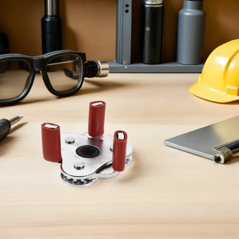 Pro Grade Aluminum Smoke Detector Knockout Tool And Transducer Swap Wrench with red grips on a wooden workbench.