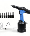 No Nonsense Heavy Duty Pneumatic Rivet Nut Pliers Set With M3 To M12 Tips and 7mm adjustable stroke, featuring various tips and accessories.