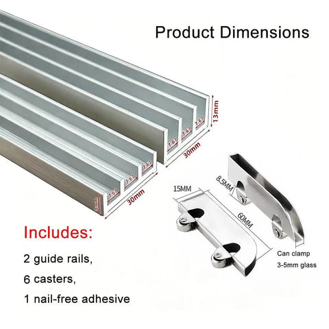 Triple Track Sliding Door Hardware Kit With Aluminum U Channel Rails No Drill Adhesive dimensions and components shown