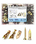 Top Shelf Drywall Self Drilling Anchor And Screw Hardware Kit Arrives In A Super Handy Two Hundred Piece Set Of Rust Resistant Steel Plugs showing anchors and screws.