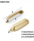 Ten Pack Gold Cup Pulls Three Inch Center To Center Cabinet And Drawer Handles For Kitchen Hardware shown with size details.