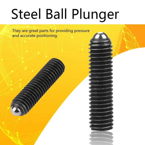 Steel ball plungers shown from two angles, emphasizing black hardened carbon steel construction and precision machining.