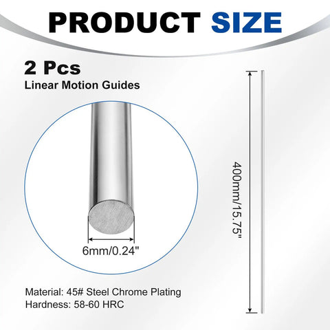 Two Pack 6mm By 400mm Solid Case Hardened Chrome Plated Linear Motion Rods For CNC DIY Projects, 3D Printers, Model Cars And Planes, Built Tough For Smooth Precise Movement