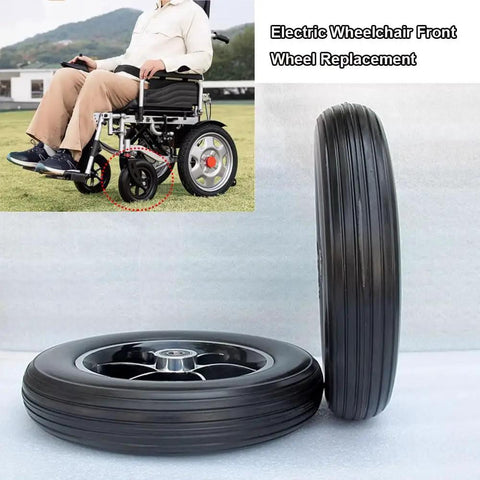 Plug And Play 10 Inch Solid Rubber Tires For Electric Wheelchairs With Aluminum Hubs And Grippy Tread That Rolls Smooth For Heavy Duty Mobility Scooters And Hospital Stretcher Two Pack Gray replacement tire on a white background, showcasing solid rubber design.