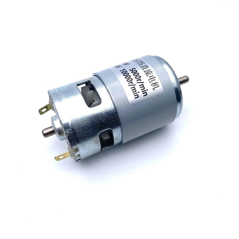Plug And Play 775 Dc Motor Ball Bearing Build Wide Voltage Range Supporting Twelve Through Sixty Volts Twin Speed Settings Maxing Out At Twenty K Rpm on a white background.