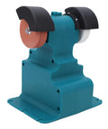 Heavy Duty Mini Bench Grinder And Buffer Polisher Featuring Secure Six Hole Mounting Base For 18V Battery Powered Workshop Rigs side view showing grinding wheel.