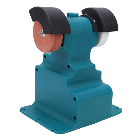 Heavy Duty Mini Bench Grinder And Buffer Polisher Featuring Secure Six Hole Mounting Base For 18V Battery Powered Workshop Rigs side view showing grinding wheel.
