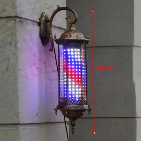 Solid Solar Powered Outdoor Wall Lantern With Hella Bright Rotating Red White Blue Led Strips And Classic Barbershop Vibe Fully Waterproof