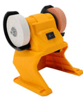 Cordless Mini Bench Grinder with Dual 70mm Wheels Spinning at 5500 RPM featuring a yellow frame and dual wheels for sharpening.