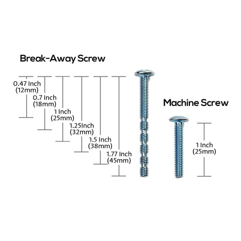 Diagram showing break-away screws and machine screws with various measurements in inches and millimeters.