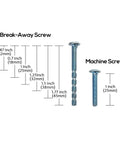 Break-away screw and machine screw dimensions for Ten Pack Matt Black Cabinet Knobs, 2 Inch T Bar Knurled Cabinet Hardware For Cupboard And Drawers.