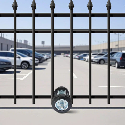 Heavy Duty Sliding Gate Rollers With 600 Pound Capacity Featuring Dual Wheel Pipe Track Setup Rust Resistant Galvanized Build And Included Latch For Smooth No Fuss Driveway Gate Projects on a black fence.