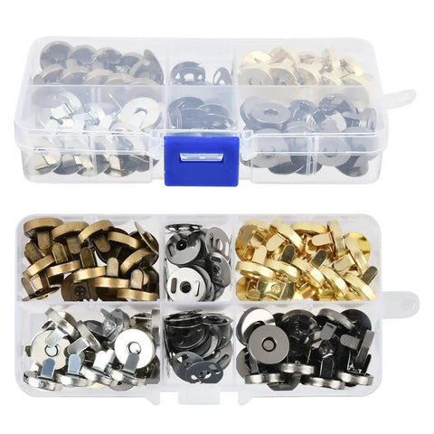 Heavy Duty 40 Pack Of 14Mm Metal Button Snap Fasteners Assorted Silver Gold Bronze Gunmetal Solid Choice For Kicking Off Quilting Bag Repairs And Leather Crafting Jobs With Zero Hassle in a clear organizer.