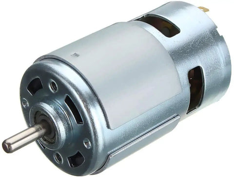 Close-up view of 775 DC motor 24 Volt 20000 Rpm ball bearing power unit with copper core and metal gears.