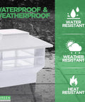 White waterproof two tier solar post cap light for 4x4 and 5x5 posts, shown with raindrops highlighting water resistance.