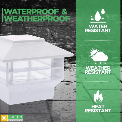 White waterproof two tier solar post cap light for 4x4 and 5x5 posts, shown with raindrops highlighting water resistance.