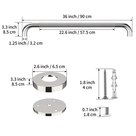 Straight Up 36 Inch Shower Grab Bar With Killer Anti Slip Knurled Grip For Bathroom Safety And Added Stability Heavy Duty Stainless Steel dimensions and mounting hardware