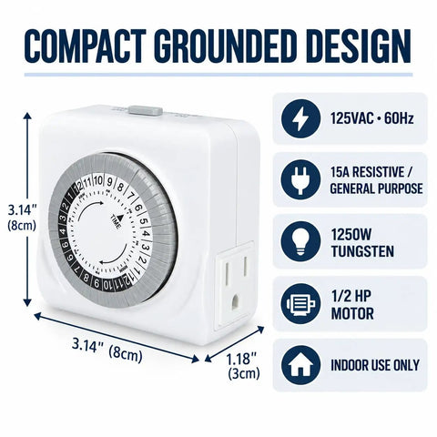 Sturdy Build 24 Hour Mechanical Outlet Timer With Dual Grounded Plugs Making Daily Scheduling Dead Simple And Keeping Indoor Lights And Fans Running Smoothly All Week, compact design, white, 3.14" size.