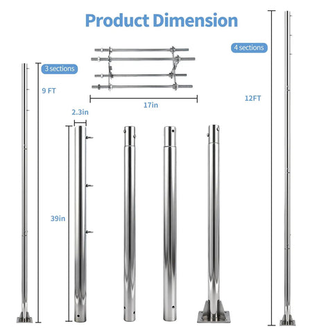 12 Ft Stainless Steel Shade Sail Post Kit With Concrete Base And Mounting Bracket, Heavy Duty 2.36 Inch Diameter Screw Mounted Poles For Patio Garden Deck, Silver Finish, 1 Pack