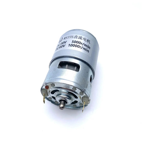 Plug And Play 775 Dc Motor Ball Bearing Build Wide Voltage Range Supporting Twelve Through Sixty Volts Twin Speed Settings maxing out at twenty k rpm, showing metal body and terminals.