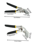 Dual Jaw Sheet Metal Pliers Set with Curved Jaw Offset Bender and Straight Jaw Bender Pliers, dimensions shown, for HVAC and workshop tasks