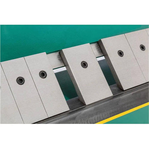 Close-up of 16 interchangeable fingers on 48 Inch Pan And Box Brake for 16 Gauge Sheet Metal, Heavy Duty Bench Type, precise bending tool