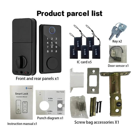 Solid Pro Smart Fingerprint Deadbolt Lock With Straight Up Auto Lock Integration Magnetic Door Sensor components and accessories layout