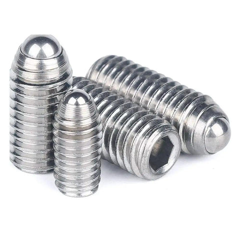 Top Shelf 304 Stainless Steel Snap Action Ball Plunger With Heavy Duty Coiled Spring Loaded Positioning Screw For Precision Machinery And Custom Fabrication set of four stainless steel ball plungers in different sizes.