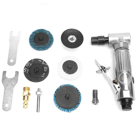 90 Degree Pneumatic Angle Die Grinder Cranking At 20000 Rpm With 2 Inch Grinding Disc for tight corners tool with accessories.