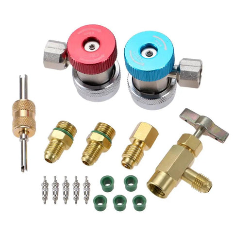R134a Automotive Air Conditioning Tool Set includes brass couplers, valves, and fittings for HVAC system maintenance.