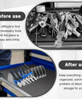 Before and after view showing Two Pack 10 Slot Pliers Organizer Rack Set For Tools Drawer With Non Slip Rubber Base in grey.