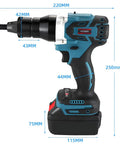 Hella Durable Cordless Rivet Gun With Bright Led Light And Comprehensive Metric Head Kit For Blind Threaded Inserts, showcasing dimensions and design.
