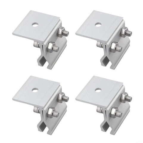 Beefy Aluminum Solar Mounting Clamps 4 Pack Fully Pre Assembled With Stainless Steel Screws And Washers Heavy Duty Roof Racking Hardware Quick Setup No Worries High Quality Alloy Build, close-up view of clamps.