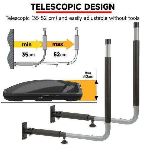 Heavy Duty Universal Roof Box Wall Mount Pair with telescopic design adjustable 35-52cm for secure gear storage.