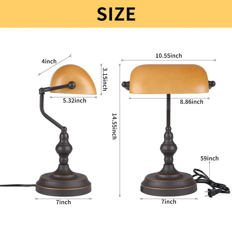 Dimensions of Jade Green Glass Vintage Banker Desk Lamp With Antique Brass Finish, showing size and shape variations.